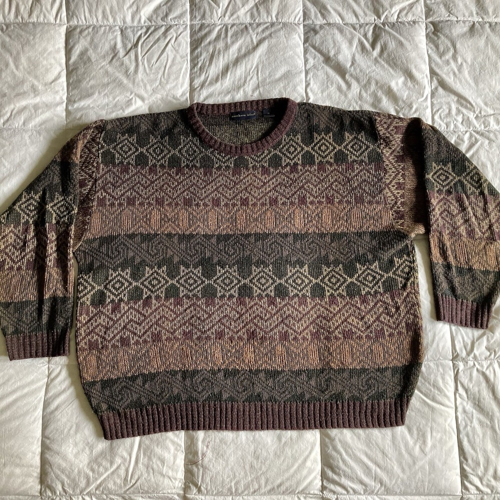 Vtg 90s Northern Isles Pullover Crew Sweater Mens XL Earthy FairIsle Grandpa Geo
